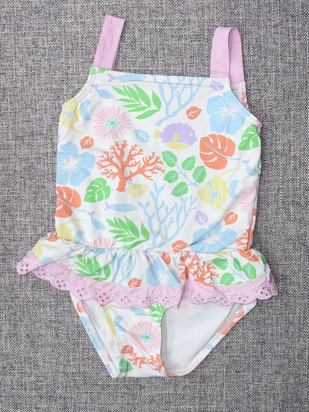 TBBC 2T Bimini Botanical One-Piece Swimsuit with Pink Trim VGUC